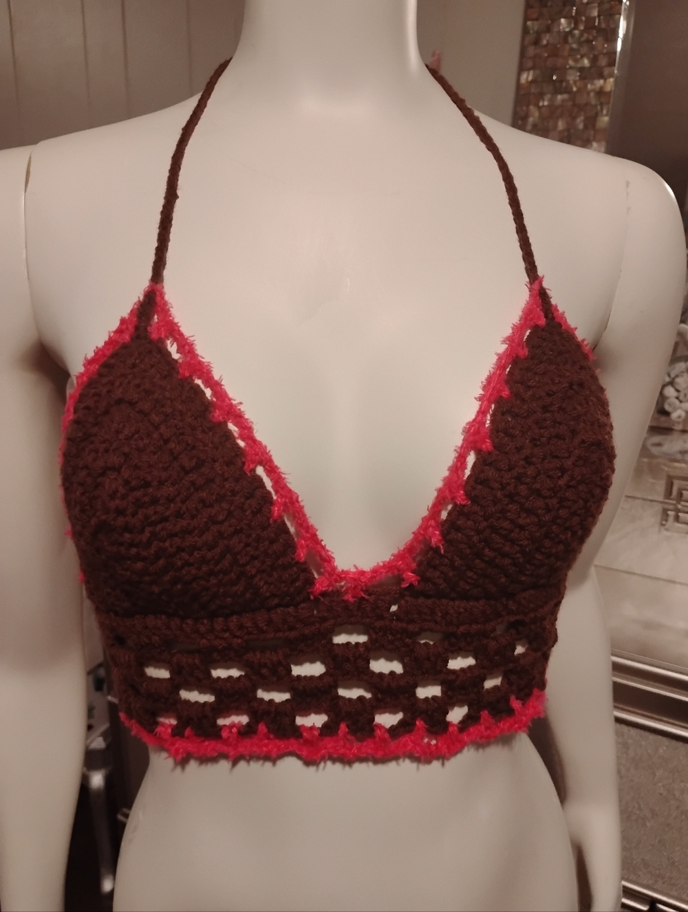 Handmade Crochet Bralette in Brown with Pink Trim